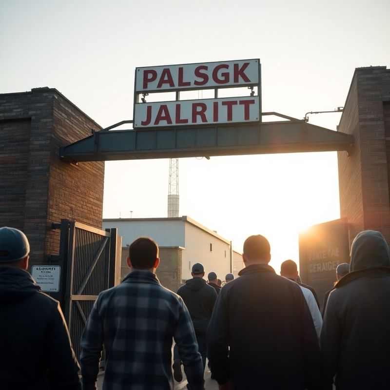 Pracownicy wychodzący z bramy fabryki w Łodzi